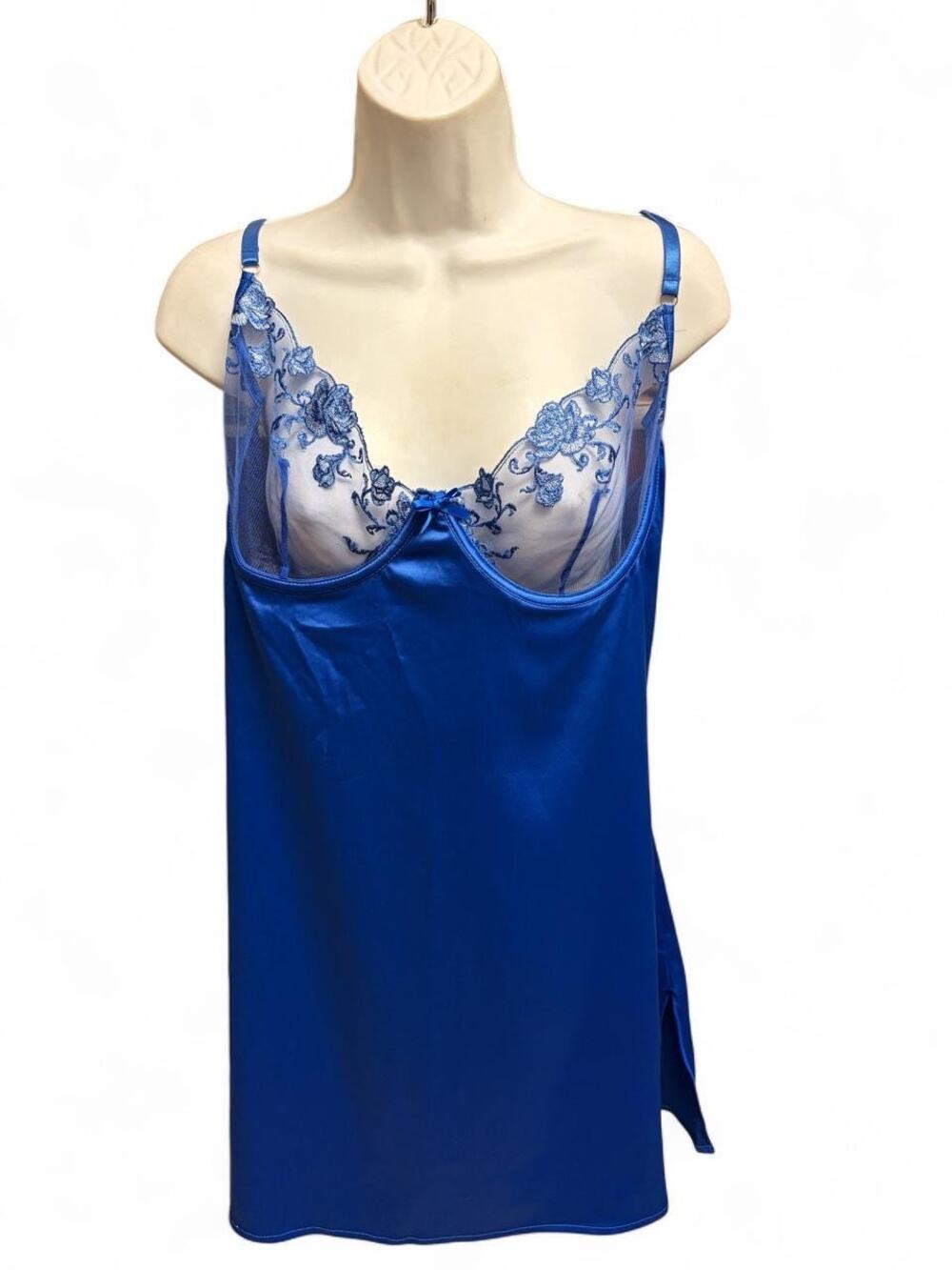 Roma Satin Lace Chemise 2X Blue Babydoll Nightgown Sheer Mesh Lingerie
